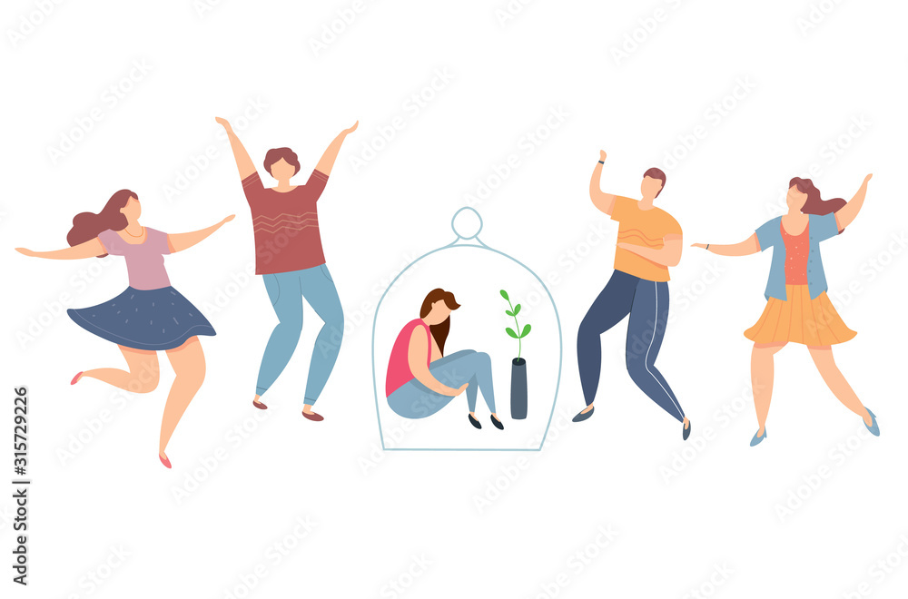 Modern vector illustration of introvert and extravert on party. Lonely introvert girl among dancing people. Sad girl under the glass dome.