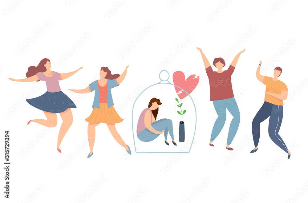 Modern vector illustration of introvert and extravert on party. Lonely introvert girl among dancing people. Sad girl under the glass dome. Broken love.