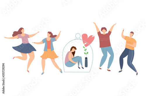 Modern vector illustration of introvert and extravert on party. Lonely introvert girl among dancing people. Sad girl under the glass dome. Broken love. photo