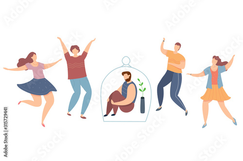 Modern vector illustration of introvert and extravert on party. Lonely introvert boy among dancing people. Sad man under the glass dome. Broken love.