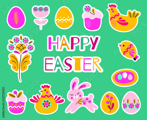 Template for easter card with vector easter symbols and lettering