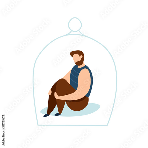 Modern vector illustration of miserable, sad, unhappy man sitting under the glass dome. Concept of depression, trouble and psychological problems. Introversion.