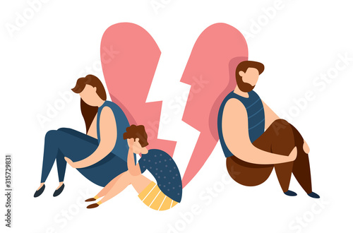 Vector concept of family conflict or relationship problem. Broken marriage. Conflicts between husband and wife with children. Breaking up people. Family quarrel. Children depression and sadness