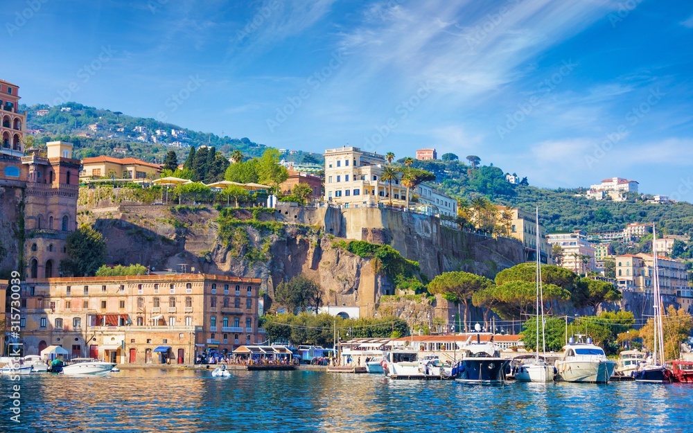 View from sea coastline with luxury hotels in Sorrento, Italy.