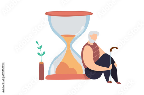 Modern vector illustration of old man sitting near hourglass. Concept of lifetime. Cycle of life. Aging. Elderly depression