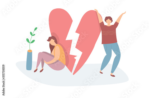 Vector illustration of Heartbroken Couple Parting. Sad woman and happy man. End of love and an abusive relationship