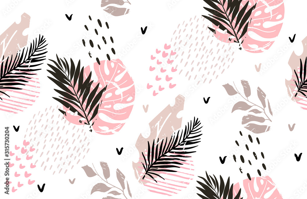 Naklejka premium Seamless exotic pattern with tropical plants and gold glitter elements. Vector