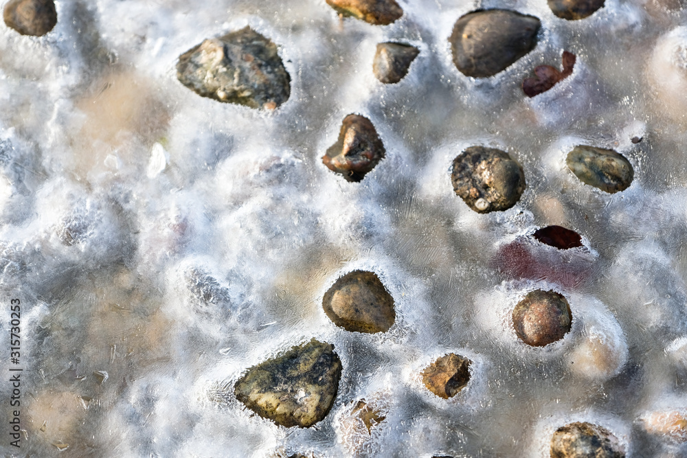 Close up of stones in frozen water