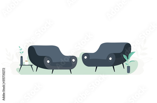 Modern vector illustration of psychotherapist office. Cabinet in clinic with table and couches.