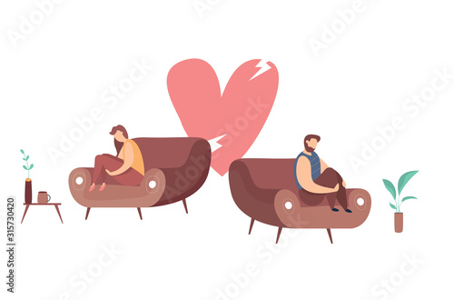 Vector concept of family conflict or relationship problem. Broken marriage. Conflicts between husband and wife. Breaking up people. Family quarrel