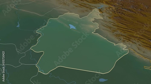 Diyala, province with its capital, zoomed and extruded on the relief map of Iraq in the conformal Stereographic projection. Animation 3D photo