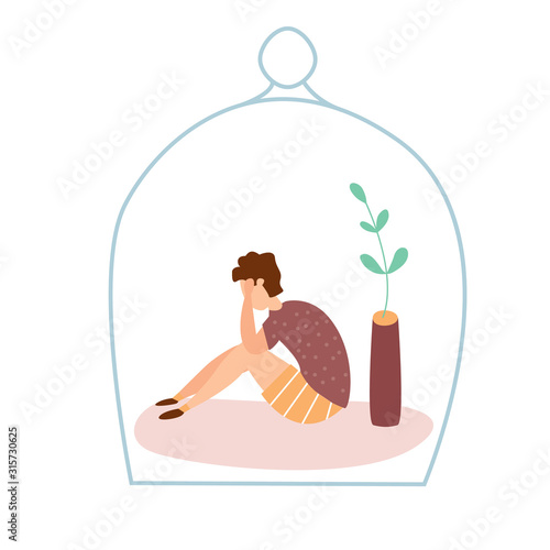 Modern vector illustration of miserable, sad, unhappy kid sitting under the glass dome. Concept of children depression, trouble and psychological problems. Introversion.