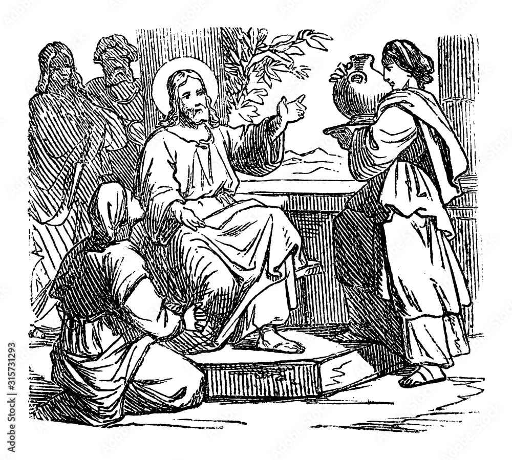 Vintage drawing or engraving of biblical story of Jesus at home of Mary