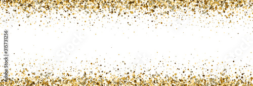 Glitter gold frame with space for text. Luxury glitter decoration. Golden sparkles and dust on white background. Bright design for Christmas, Birthday, Wedding. Vector illustration