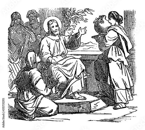 Vintage drawing or engraving of biblical story of Jesus at home of Mary and Martha. Bible,New Testament,Luke 10. Biblische Geschichte , Germany 1859.
