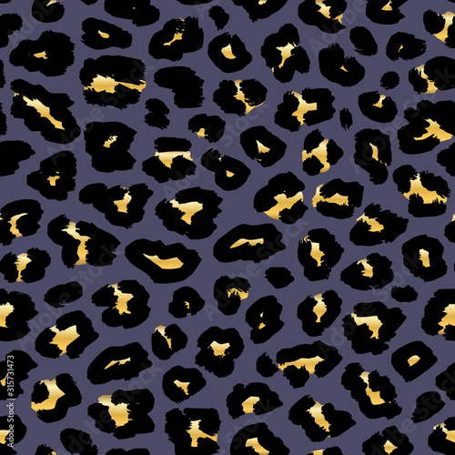 Golden leopard print pattern. Vector seamless background. Animal skin texture of jaguar, leopard, cheetah, panther, leopard. Black and gold spots on gray background. Repeat design for textile, fabric