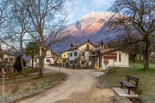 The view of the village Mazzucchi in the mounains in Alps, Belluno, Italy