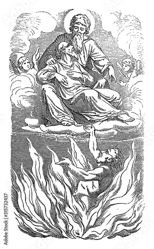Vintage drawing or engraving of biblical story of Jesus and parable of the rich man and poor Lazarus.Sinner is going to hell, beggar to heaven. Bible,New Testament,Luke 16. Biblische Geschichte