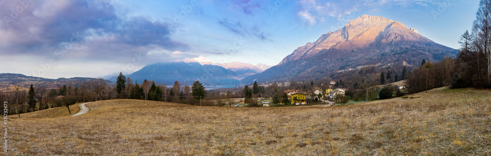 The panorama of the countryside in the mounains in Alps