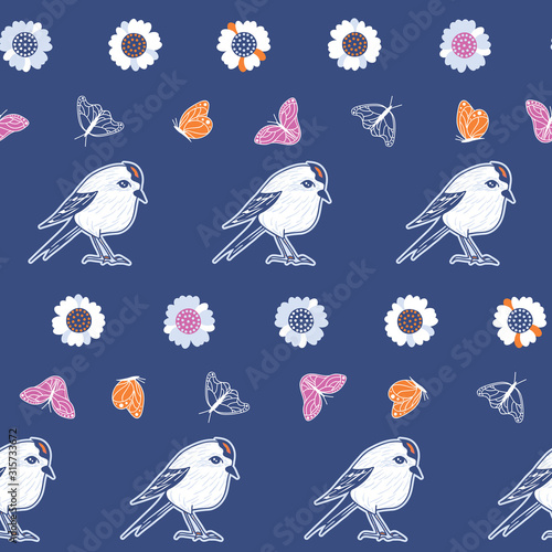 Vector Birds, Butterflies and Flowers in Vivid Colors seamless pattern background.
