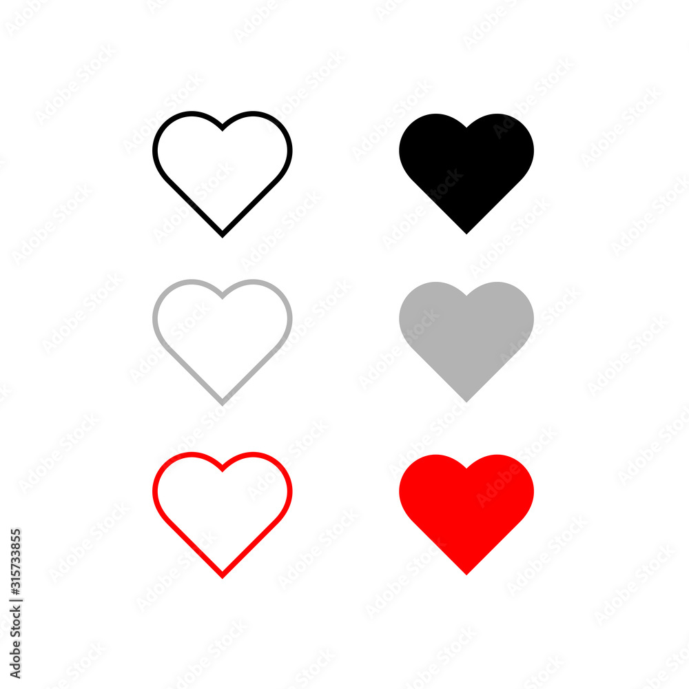 Set of hearts flat vector icons isolated on a white background.