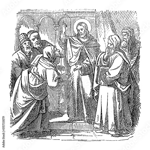 Vintage drawing or engraving of biblical story of Jesus talking with priests and teachers in temple in Jerusalem about his authority.Bible,New Testament,Luke 20. Biblische Geschichte , Germany 1859.
