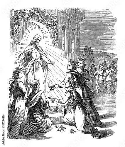 Vintage drawing or engraving of biblical story of Jesus and parable of the ten virgins with lamps.Five wise with oil, five foolish without.Bible,New Testament,Matthew 25. Biblische Geschichte