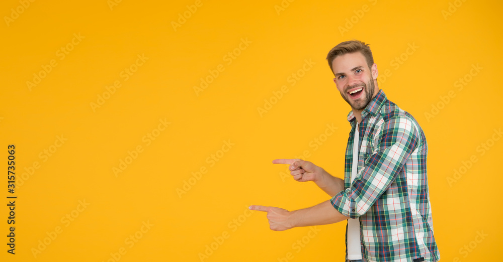 Check it out. Cheerful speaker. Menswear fashionable clothing. Man handsome casual style. Guy with bristle casual outfit. Handsome man. Daily outfit. Presentation concept. Advertisement copy space Check it out. Cheerful speaker. Menswear fashionable clothing. Man handsome casual style. Guy with bristle casual outfit. Handsome man. Daily outfit. Presentation concept. Advertisement copy space
