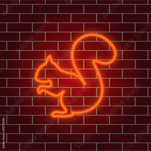 Neon squirrel. Orange glowing squirrel sign. Night light advertising. Vector illustration.