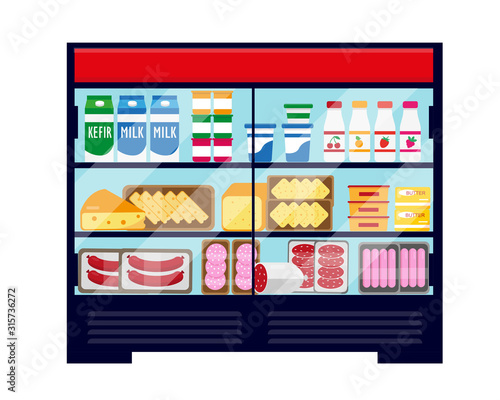 Big showcase refrigerator full of food.