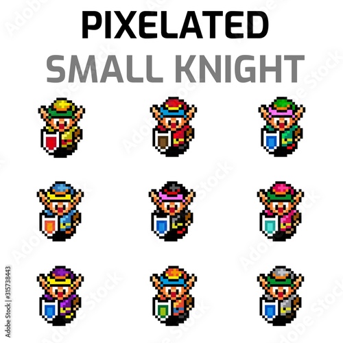 Illustration of several small knights characters wearing different color armor for videogames and designs.