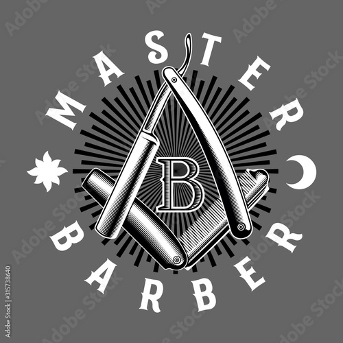 Master Barber. Masonic style vector emblem with straight razor and folding comb.