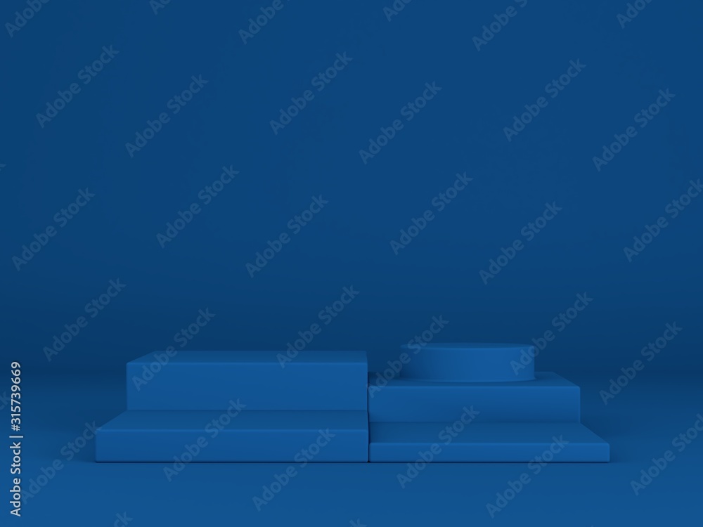 Minimal scene with podium and abstract background. Geometric shape. Classic Blue colors scene. Minimal 3d rendering. Scene with geometrical forms and blue background. 3d render. Minimal scene with podium and abstract background. Geometric shape. Classic Blue colors scene. Minimal 3d rendering. Scene with geometrical forms and blue background. 3d render.