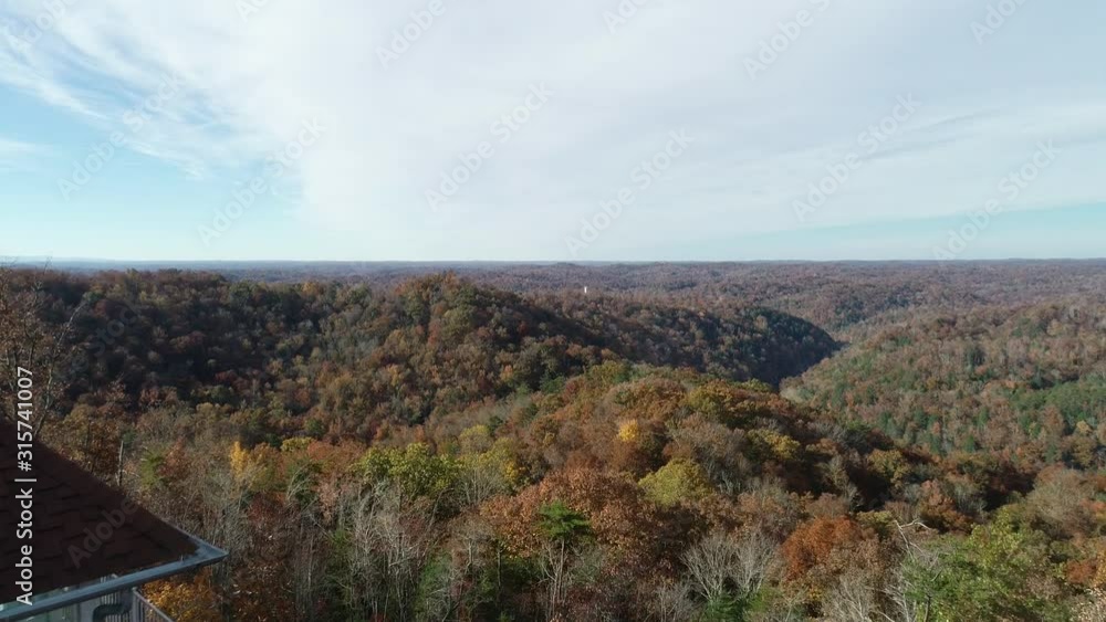 Pinnacle Knob Fire Tower in autumn landscape, wide aerial Pinnacle Knob Fire Tower in autumn landscape, wide aerial
