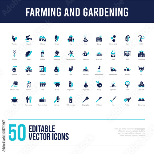 50 farming and gardening concept filled icons