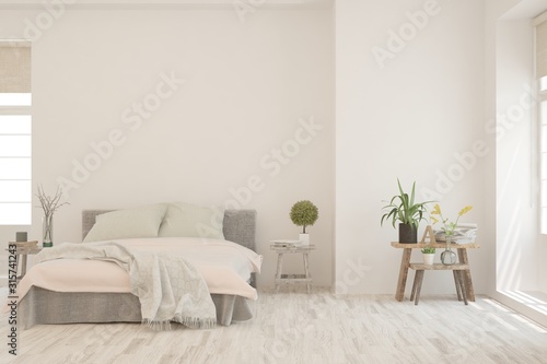 Stylish bedroom in white color. Scandinavian interior design. 3D illustration