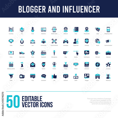 50 blogger and influencer concept filled icons
