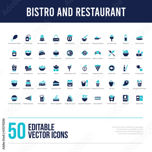 50 bistro and restaurant concept filled icons