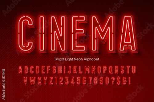 Neon light 3d alphabet, extra glowing modern type.