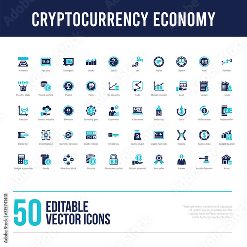 50 cryptocurrency economy concept filled icons