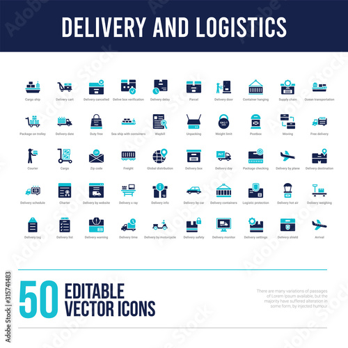 50 delivery and logistics concept filled icons