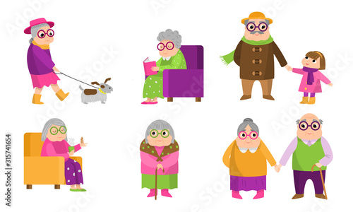 Elderly grey-haired women and men doing everyday things vector illustration