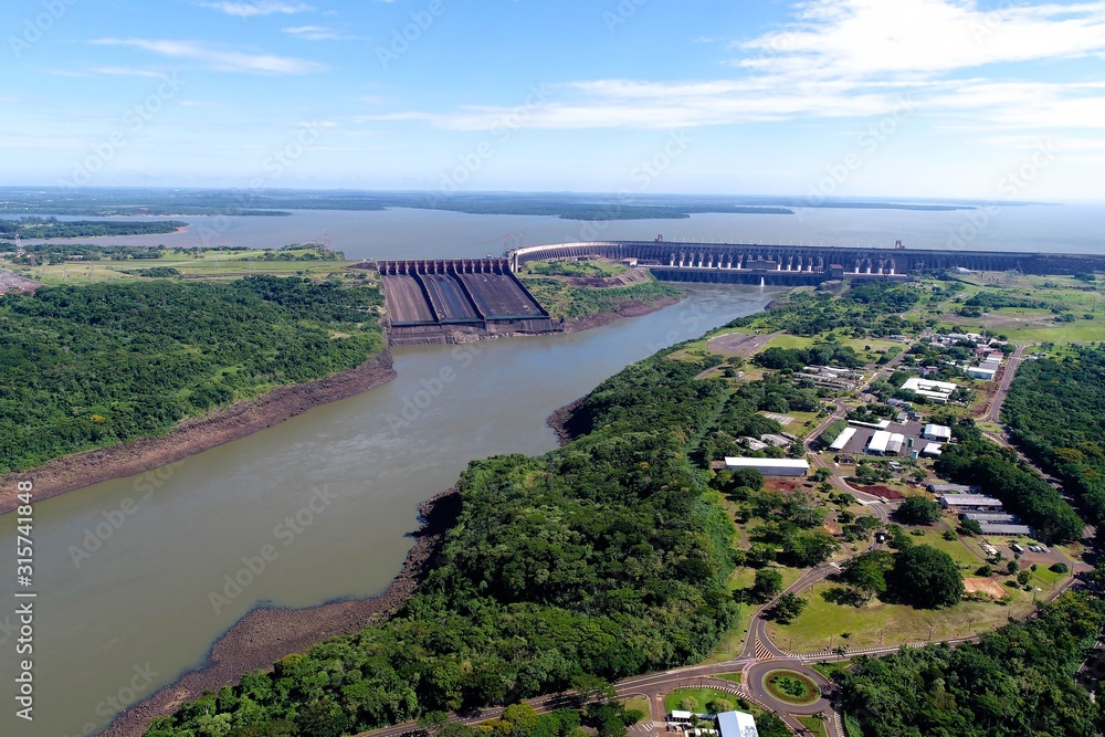 Aerial view of Itaipu's Dam, Foz do Iguaçu, Paraná, Brazil. Great landscape. Energy generation. Hydroelectric scene. 