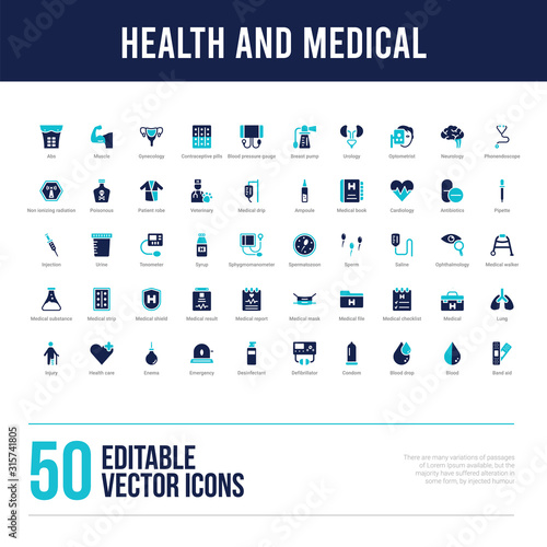 50 health and medical concept filled icons