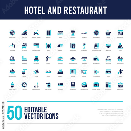 50 hotel and restaurant concept filled icons