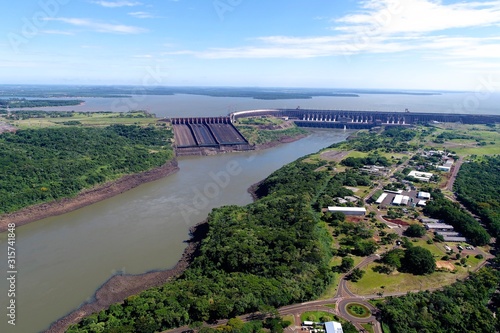 Aerial view of Itaipu's Dam, Foz do Iguaçu, Paraná, Brazil. Great landscape. Energy generation. Hydroelectric scene.  photo