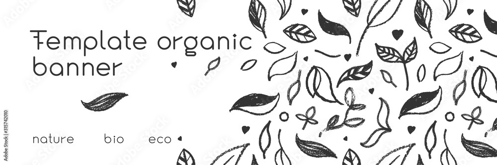 Organic food background for eco store. Eco-friendly icons set. Natural logo elements. Bio labels. Organic banner template for healthy design. Vector leaves pattern seamless. Agriculture growth logo.