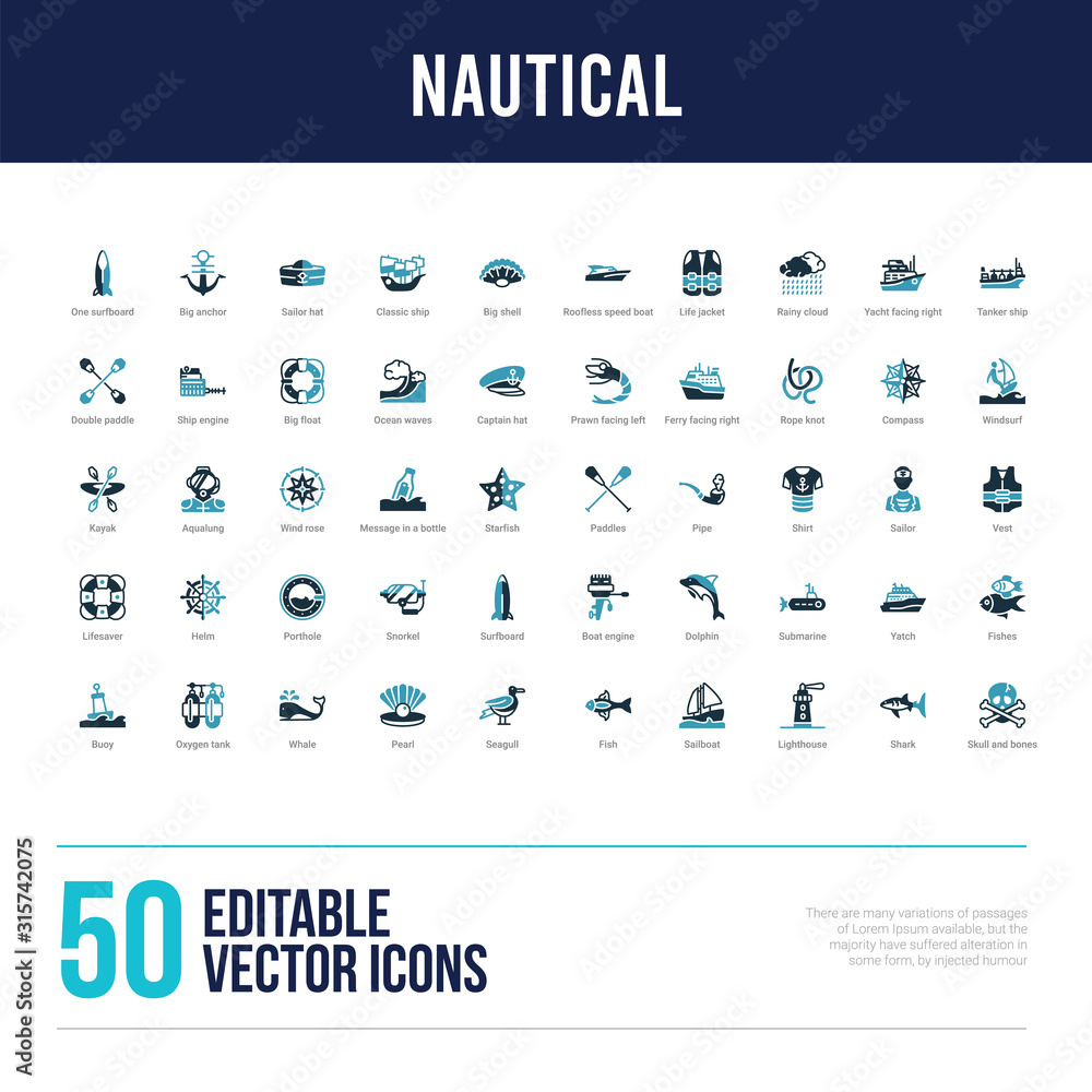 Naklejka premium 50 nautical concept filled icons