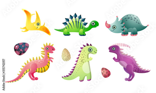 Set of cute funny colorful dinosaur animals vector illustration