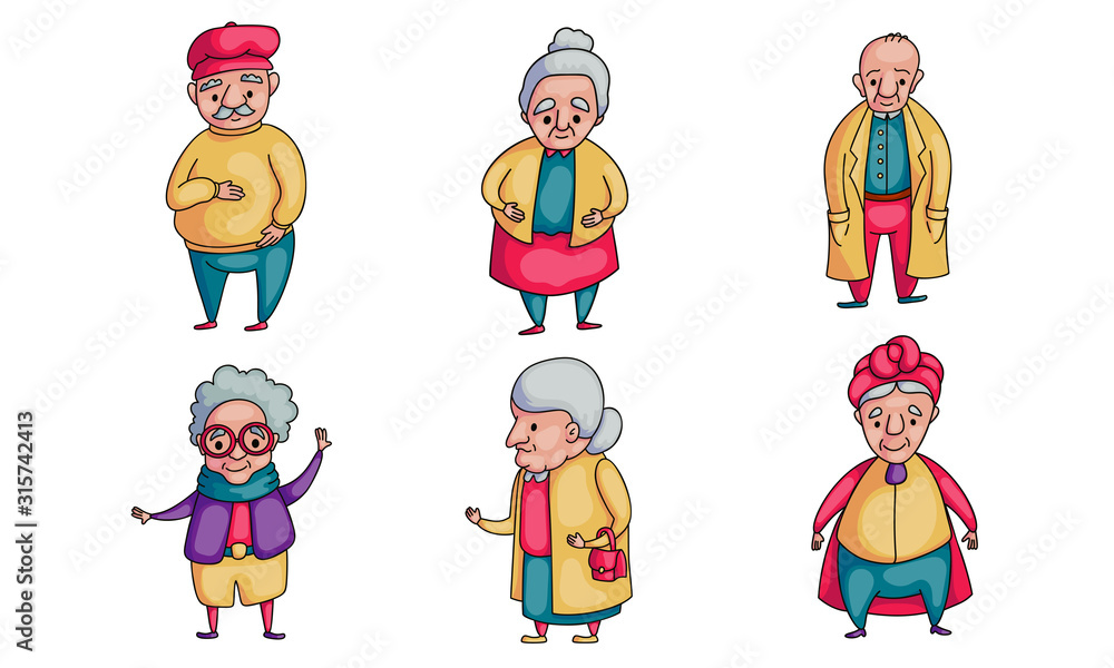 Positive elderly stylish grey-haired women and men vector illustration